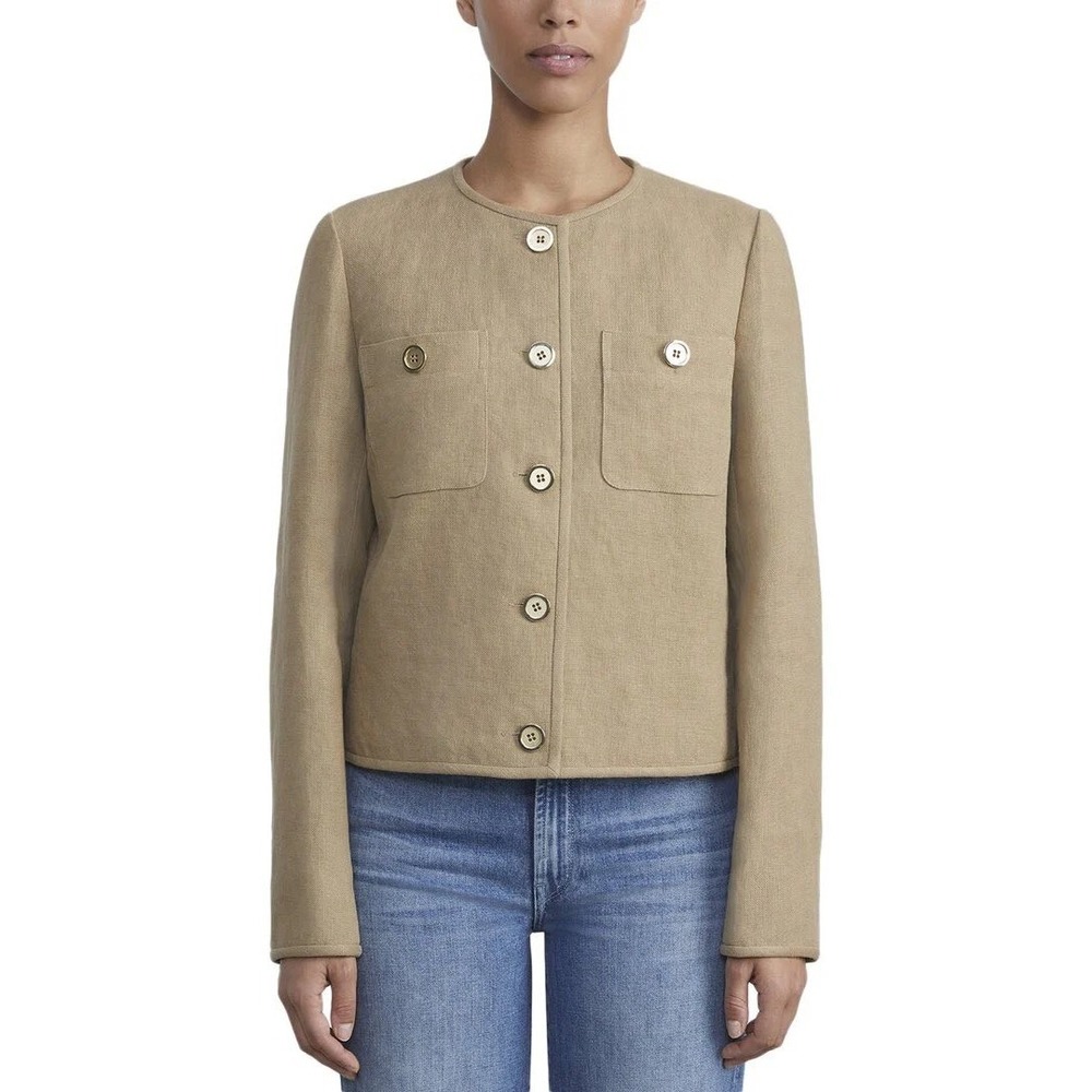Lafayette 148 New York Linen Collarless Jacket Brown Gold Buttons Size L